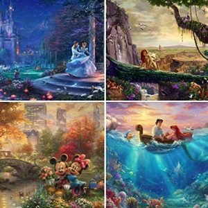 Ceaco Thomas Kinkade The Disney Collection 4 in 1 Multipack Cinderella, The Lion King, Mickey and Minnie Mouse, The Little Mermaid Jigsaw Puzzles, (4) 500 Pieces
