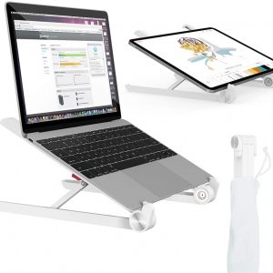 MiiKARE Adjustable Laptop Stand for Desk Portable Lightweight Notebook Holder Foldable Desktop for Riser Table Tray Mount Ventilated Ergonomic Height Storage Bag Included White