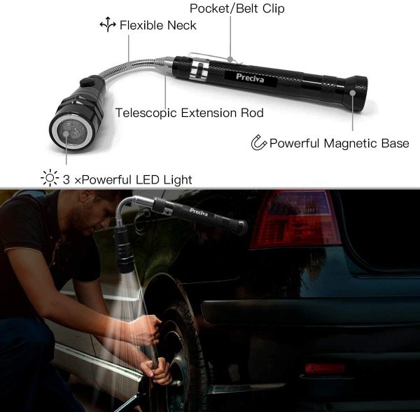 Preciva 5PCS Magnetic Telescoping Pick-up Tool Kit with 15lb and 1lb Pick Up Rod, Round and Square 360 Swivel Adjustable Inspection Mirror and Telescoping Flexible LED Flashlight (Batteries Included)