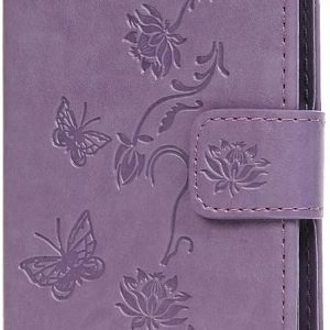 Huawei P Smart Phone Case, PU Leather Flip Notebook Wallet Cover Embossed Lotus Butterfly with Stand Card Holder ID Slot Folio TPU Bumper Protective Skin Case for Huawei P Smart/Enjoy 7S Light Purple