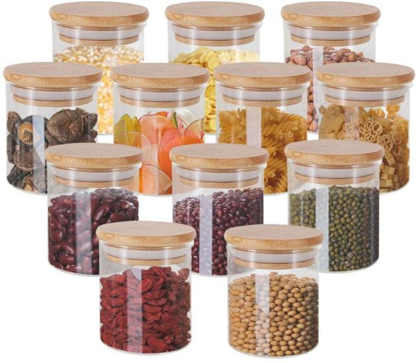 GoMaihe 150ml Glass Jars with Bamboo Lids Silicon Ring Set of 12, Air Tight Kitchen Food Cereal Containers for Storage, Canister Set for Jam Pasta Spaghetti Tea Coffee Beans Cookie Snack Flour