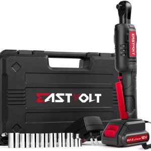 Eastvolt 12V Cordless Electric Ratchet Wrench Set, 3/8 Inch 35ft-lbs Power Wrench Tool Kit, with Fast Charger, 2.0Ah Lithium-Ion Battery, 7-Pieces 3/8 Inch Metric Sockets and 1/4“ Adaptor
