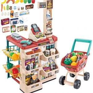 deAO Kids Role Play 48 Pieces Supermarket Set Superstore Shop Toys Children Supermarket with Light, Sound, Working Scanner, Shopping Cart and Accessories Included