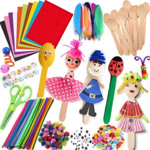 Kid Crafting Supplies Kits Including Wooden Spoons, Pipe Cleaners, Felts, Self-Adhesive Wiggle Eyes, FeatherS, Origami Papers, Glitter Pom Poms, Buttons and Rhinestones for Kids Art Craft activity