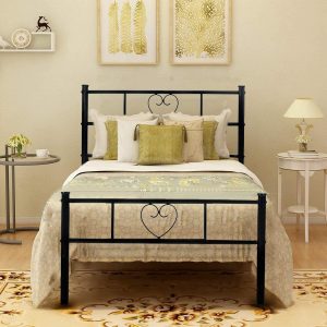 Aingoo Single Bed Frame Solid 3ft Metal Beds with Heart Shaped Fits for 90 * 190 cm Mattress Large Storage Space Black