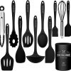 Kitchen Utensil Set - 12 Cooking Utensils Set- Colorful Silicone Kitchen Utensils - Nonstick Cookware with Spatula Set - Kitchen Tools Kitchen Gadgets with Utensil Crock by Umite Chef (Black)