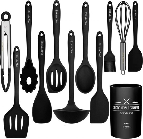 Kitchen Utensil Set - 12 Cooking Utensils Set- Colorful Silicone Kitchen Utensils - Nonstick Cookware with Spatula Set - Kitchen Tools Kitchen Gadgets with Utensil Crock by Umite Chef (Black)
