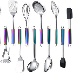 Amazon Brand Kitchen Utensils Set, 12 Pieces Cooking Utensils Set With Rainbow Handle, Rainbow Handle Kitchen Tools Set For Non-Stick Cookware, Kitchen Gadgets Pack of 12(Colorful)