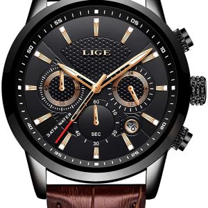 LIGE Mens Watches Fashion Waterproof Sports Chronograph Analogue Quartz Stainless Steel Dial Leather Bracelet Wristwatch