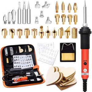 Preciva 45 in 1 Wood Burning Pyrography Pen and Soldering Iron Kit, Wood Engraving Craft Kit with Pyrography Basics and 60W Adjustable Temperature Wood Burner Pen Tool for Carving with 31 Tips,Orange