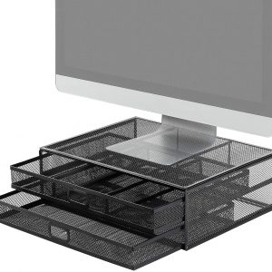 HUANUO Monitor Stand with 2 Storage Drawers - Metal Mesh Desk Organisers, Support Laptop, Notebook, PC, Monitor, Printer, Scanner up to 15 KG