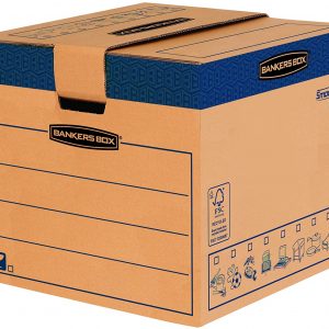 BANKERS BOX 5 SmoothMove Prime Heavy Duty Double Wall Cardboard Moving and Storage Boxes with Handles Tape Free Assembly and FastFold Automatic Pop Up Set Up, 85 Litre, 40.5 x 45.5 x 45.5 cm, 5 Pack