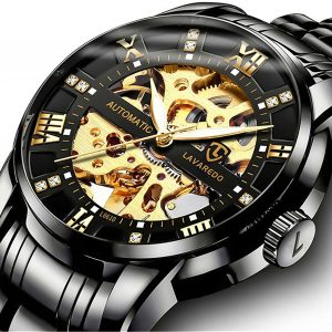 Men’s Watch Black Mechanical Stainless Steel Skeleton Waterproof Automatic Self-Winding Roman Numerals Diamond Dial Wrist Watch