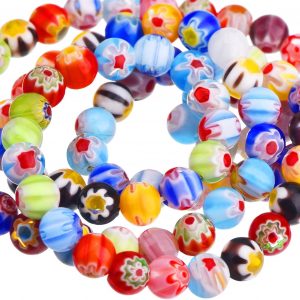 200 Pieces Millefiori Glass Round Beads Crackle Beads Colorful Glass Crystals Beads with Single Flower for Jewelry Making Craft DIY Beading Supplies (Size 1)