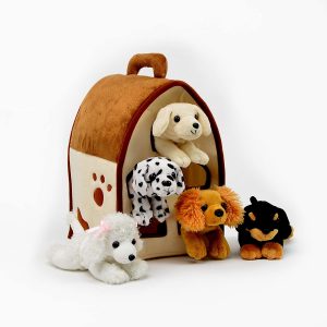 Plush Dog House -Five (5) Stuffed Animal Dogs (Dalmation, Yellow Lab, Rottweiler, Poodle, Cocker Spaniel) in Play Dog House Carrying House