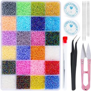 28800 Pcs Seed Beads, 24 Color Pony Beads, Colorful Glass Seed Beads, Small Beads with Bead Threader, Scissor and Other Tools for Jewelry Making Bracelets DIY