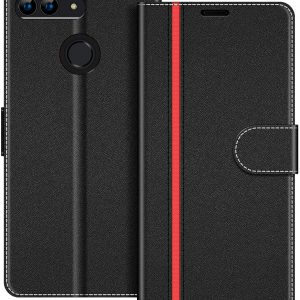 COODIO Huawei P Smart 5.65" Case, Huawei P Smart Phone Case, Huawei P Smart Wallet Case, Magnetic Flip Leather Case For Huawei P Smart Phone Cover, Black/Red