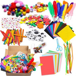 WATINC 1000Pcs DIY Art Craft Sets Supplies for Kids Toddlers Modern Kid Crafting Supplies Kits Include Pipe Cleaners, Colour Felt, Glitter Pom Poms, Feather, Buttons, Sequins