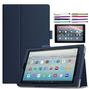 EpicGadget Case for Amazon Fire HD 10 Inch Tablet (9th Generation, 2019 Released) - Lightweight Folio Folding Stand Cover PU Leather Case + 1 Screen Protector and 1 Stylus (Navy Blue)